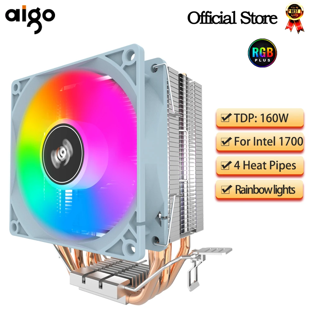 Aigo CPU 쿨러 2 4 히트 파이프 PC 라디에이터 냉각 3 핀 PWM 저소음 RGB 팬